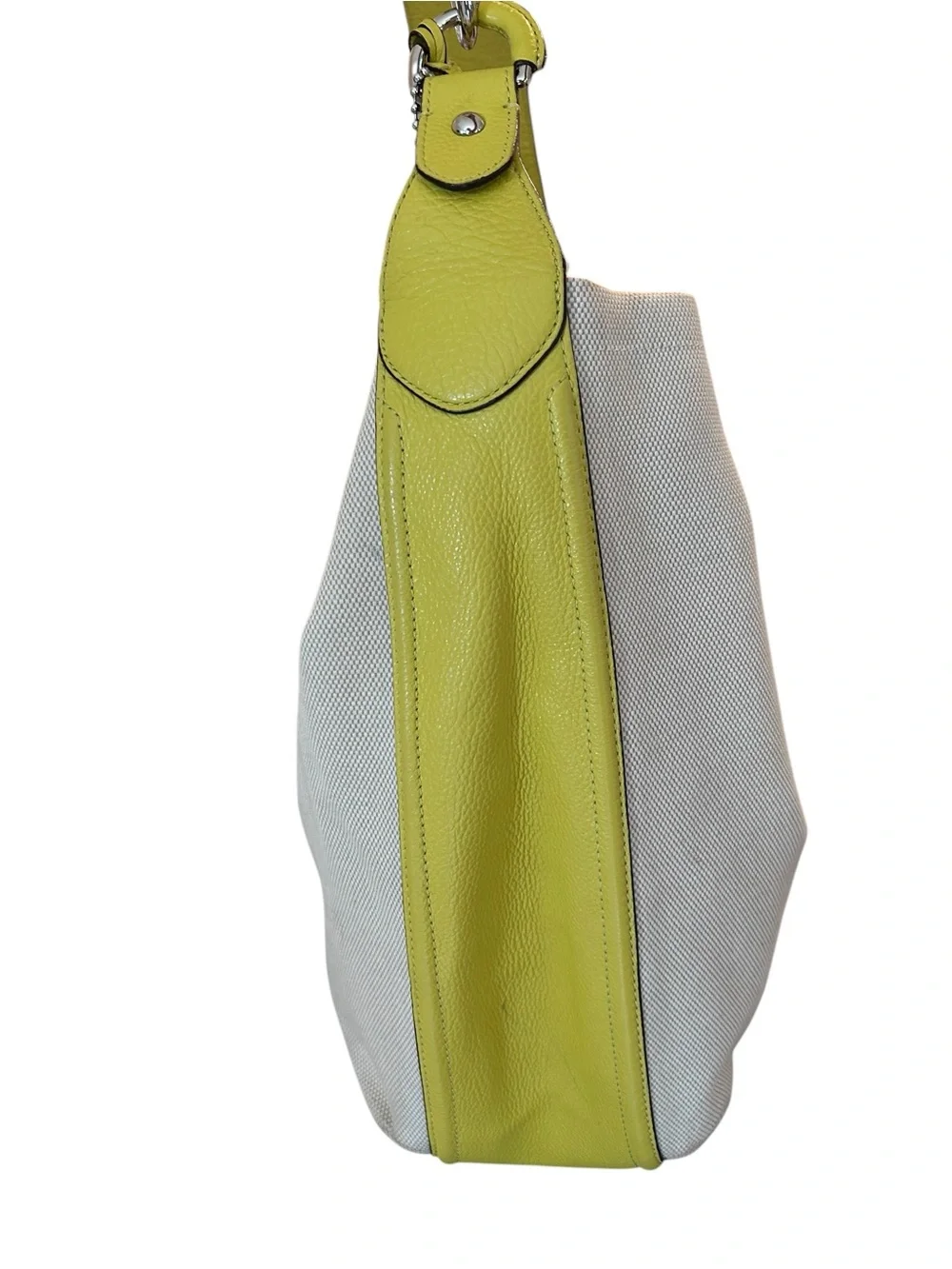 Coach Avery hobo natural canvas & chartreuse pebbled leather handbag